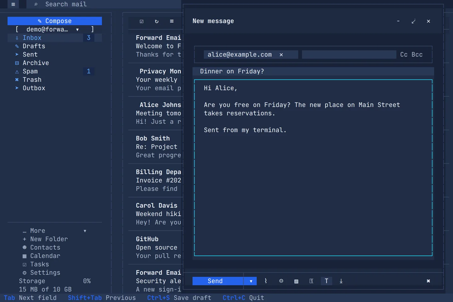 Writing a new message in the terminal, with the recipient, subject and a plain-text body