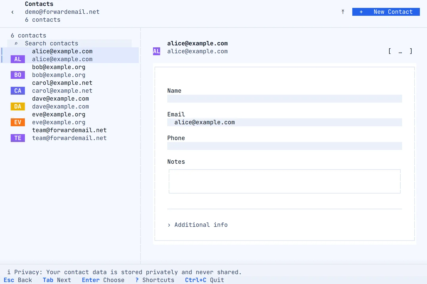 The contacts list in the Forward Email terminal app