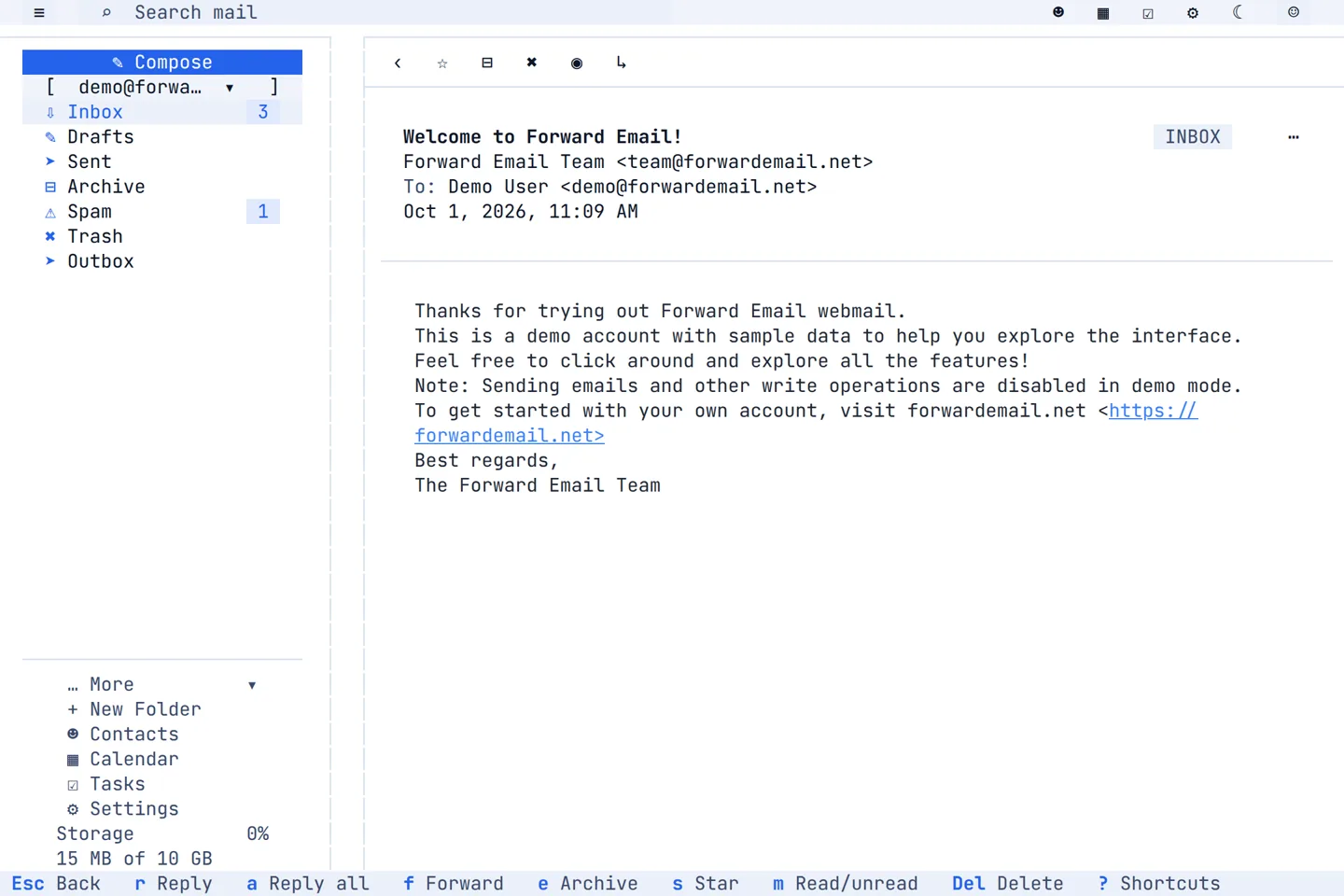 An open message in the Forward Email terminal app, with reply, archive and delete keys shown on the bottom row