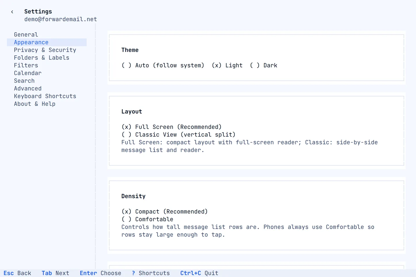 Appearance settings in the terminal app, with theme, layout and density options